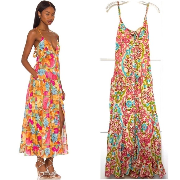 NWT REVOLVE Tile Print Sleeveless Tie Back Cutout Tier Ruffle Babydoll Dress S - Picture 2 of 8